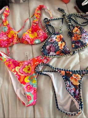 SHEIN Neon Pink & Navy Floral Two-Piece Bikini Set